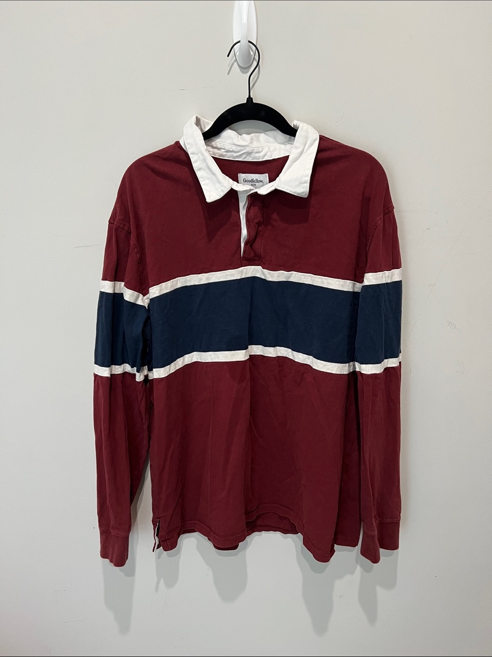 Goodfellow & Co Men's Maroon Rugby Polo with Navy and White Stripes